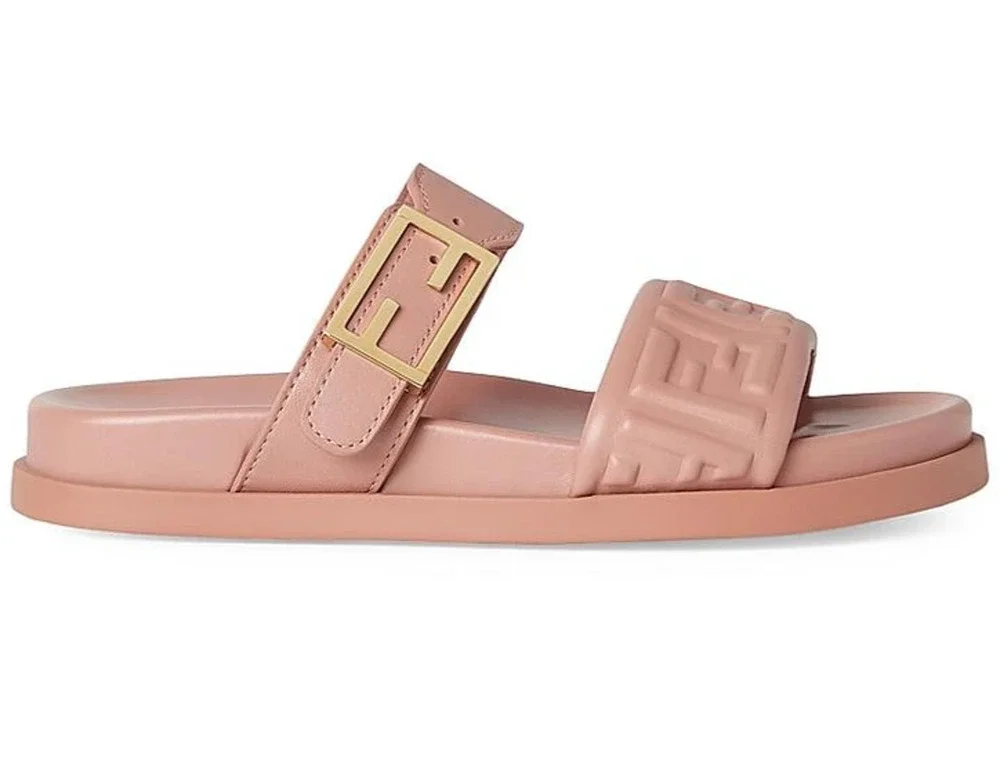 Fendi Feel Slide Pink Brick Leather FF Baguette Logo Gold Mule Flat Sandal 37